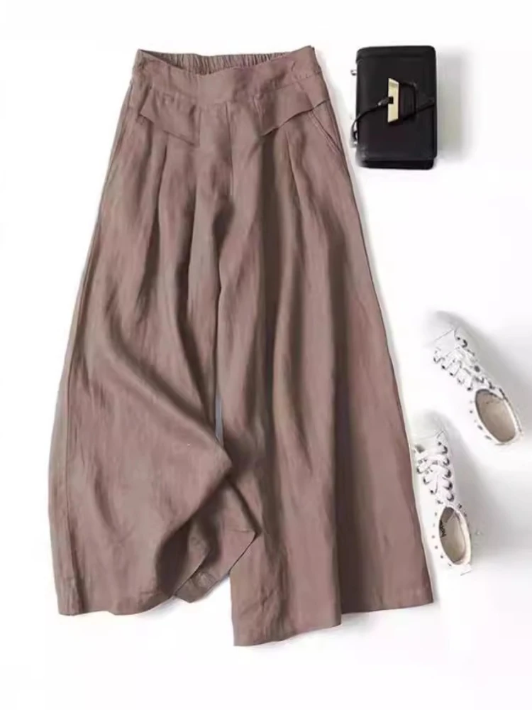 Novo no verão algodão linho calças femininas de perna larga lazer moda formal calças streetwear elegante solto roupas femininas