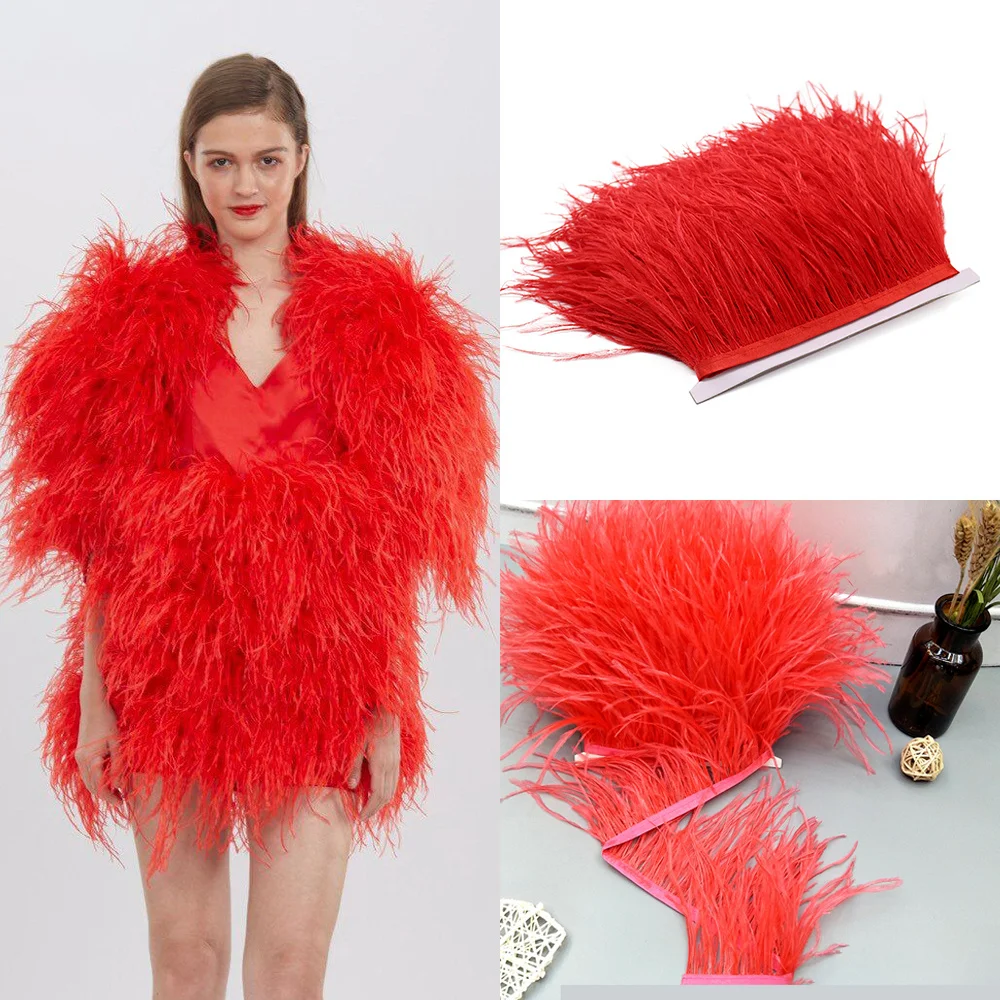 1Meter High Quality Ostrich Feather Trim 8-10cm Red Feathers Ribbon for Diy Wedding Party Dress Sewing Plumes Decoration Crafts