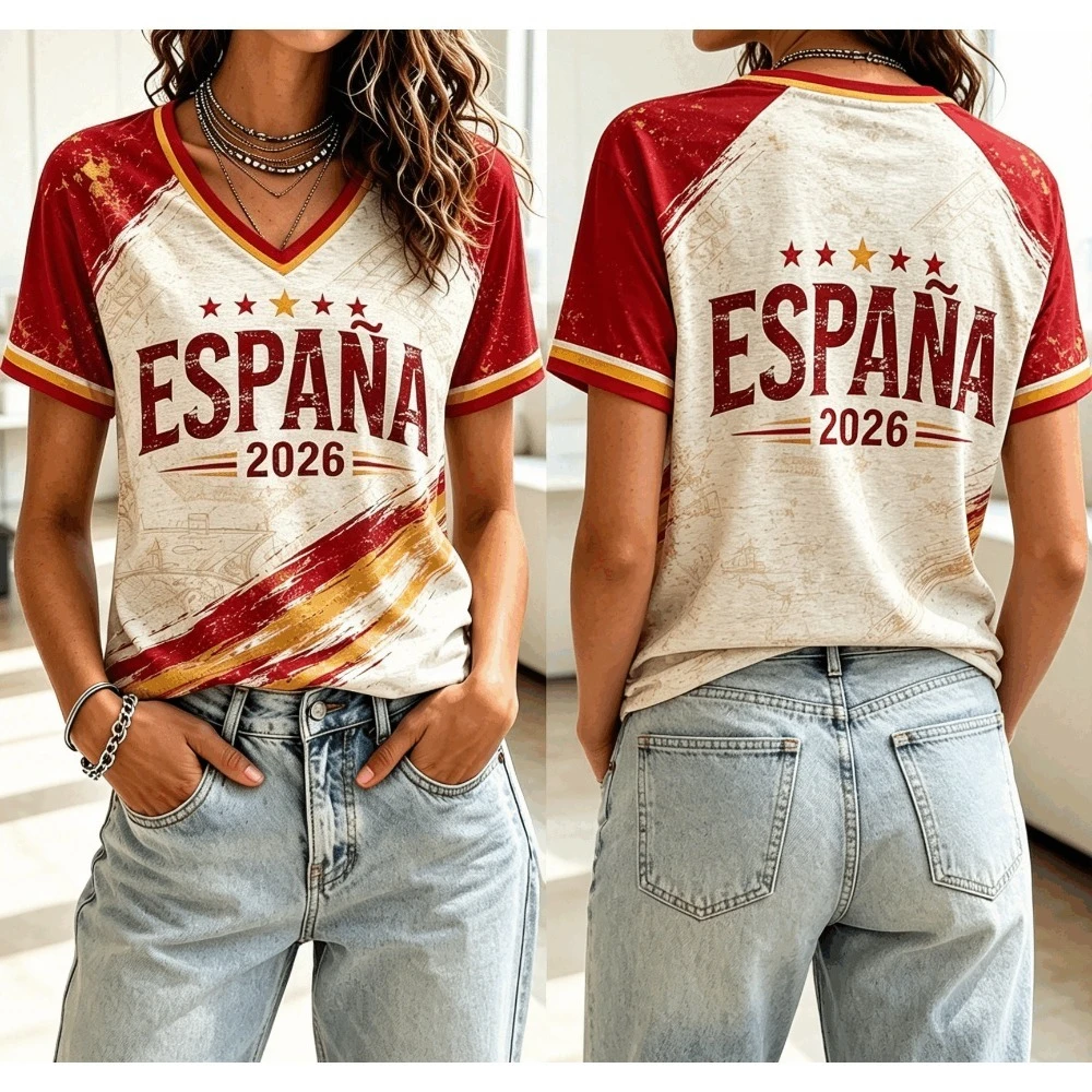 Summer Women Vintage Spain 2026 Women Football Comfortable T Shirt V Neck Short Sleeve Retro Flag Print Casual Soccer Fan Top