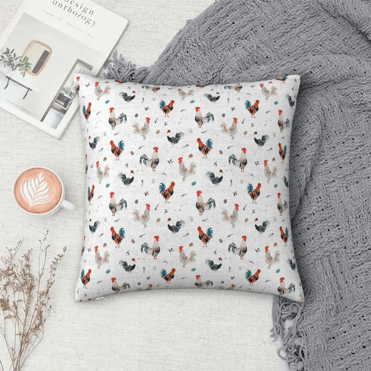Watercolor Rustic Chicken Rooster Pattern Square Pillowcase Pillow Cover Cushion Zip Comfort Throw Pillow for Home Living Room