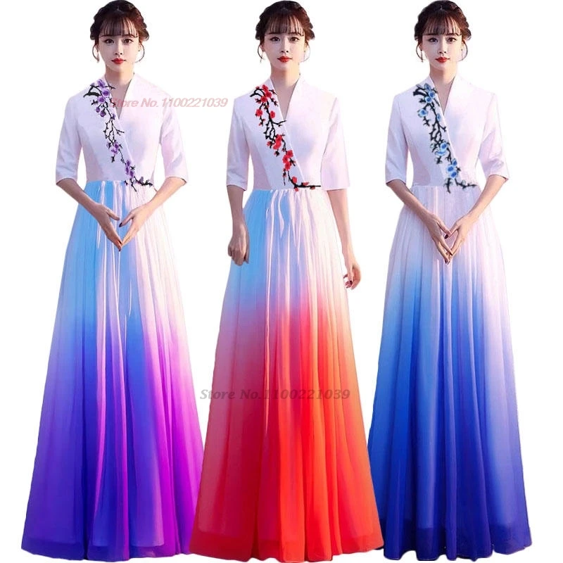 2024 chinese chorus dance costume gradient color chiffon hanfu dress traditional stage performance team recited evening dress