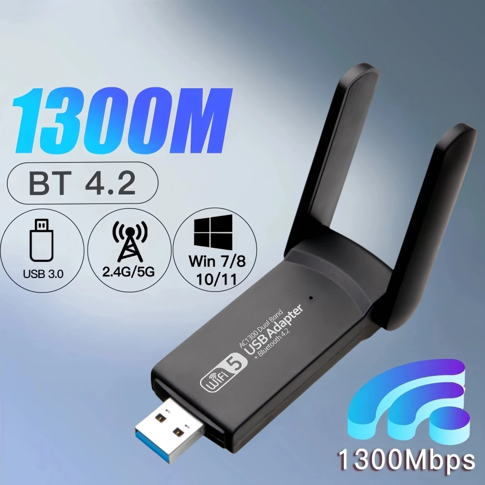 Placa de rede WiFi de banda dupla, adaptador Bluetooth, 1300Mbps, USB 3.0, 5G, 2.4GHz, 802.11AC, desktop, laptop, 2in 1