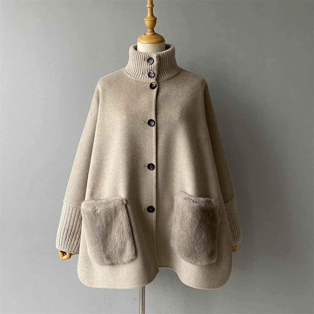 

Jxwatcher Women's Wool Coat with Luxury Mink Fur Pocket 2025 Autumn Winter Cashmere Wool Coats Ladies Fashion Warm Overcoats New