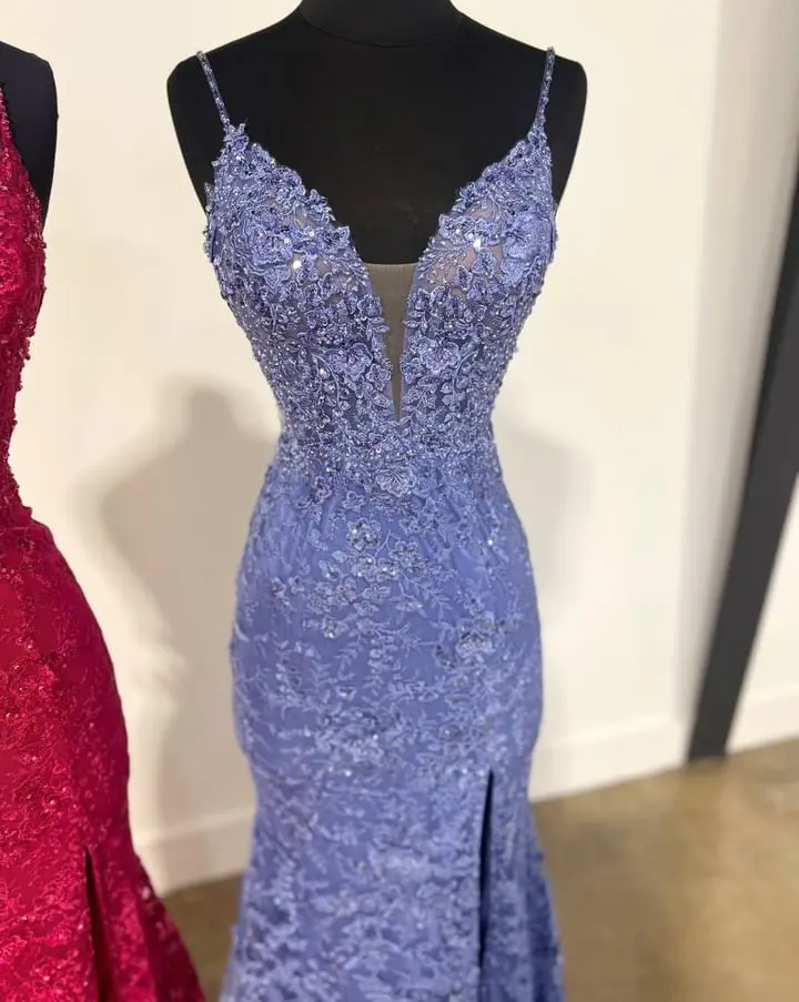 Mermaid Prom Dress Spaghetti Strap Lace Appliques Women\'s Evening Dresses Blue Split Long abendkleid blau Formal Gown