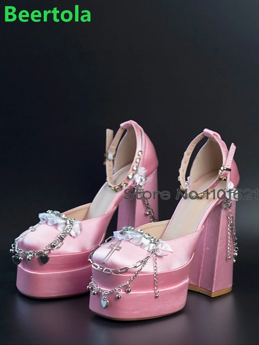 

Platform Square Heel Flower Chain Pumps For Female Women Crystal Ankle Buckle Strap Elegant Sweet Shallow Fashion Solid Shoes