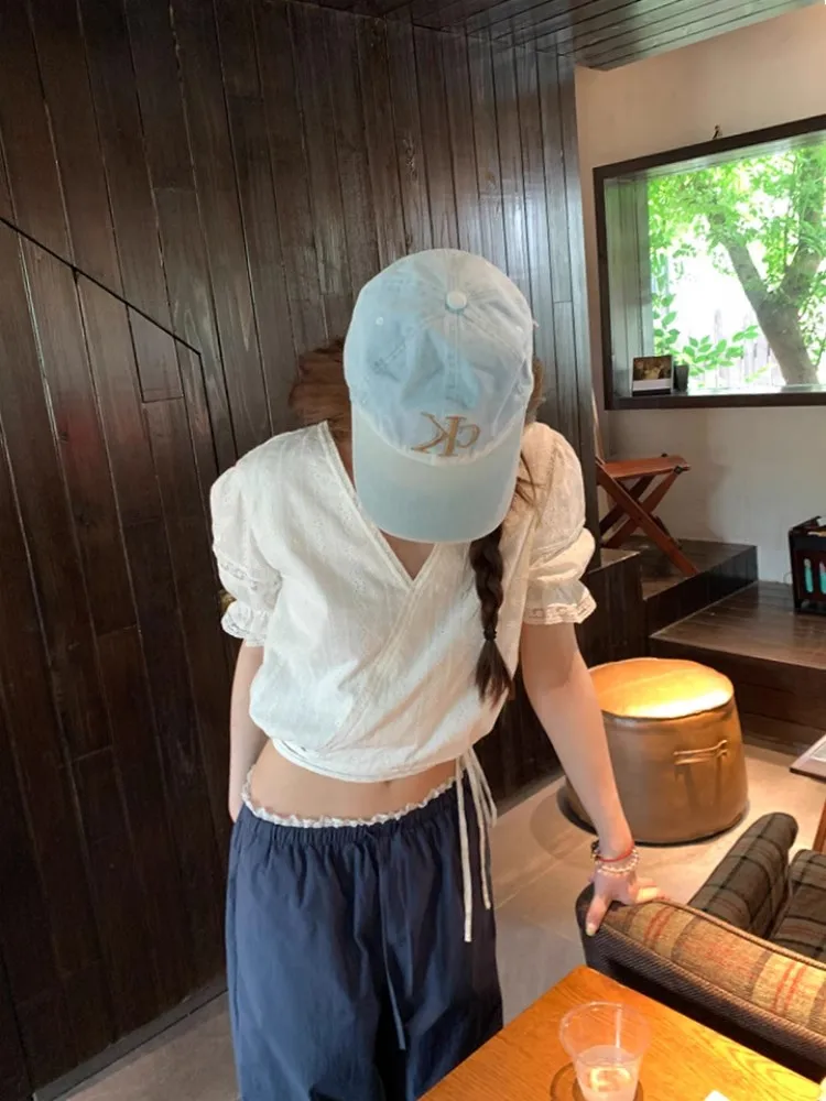 

Kogal Morning Lace Tie Dotted V-ne ort Sve Женская летняя новая шифоновая блузка с воланами, корейский свободный крой