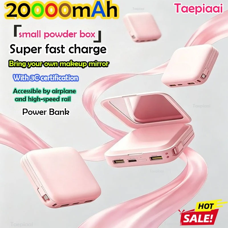 Taepiaai 20000mAh Power Bank Fast Charging with Makeup Mirror External  Battery Portable for IPhone 17 16 14 Samsung Huawei