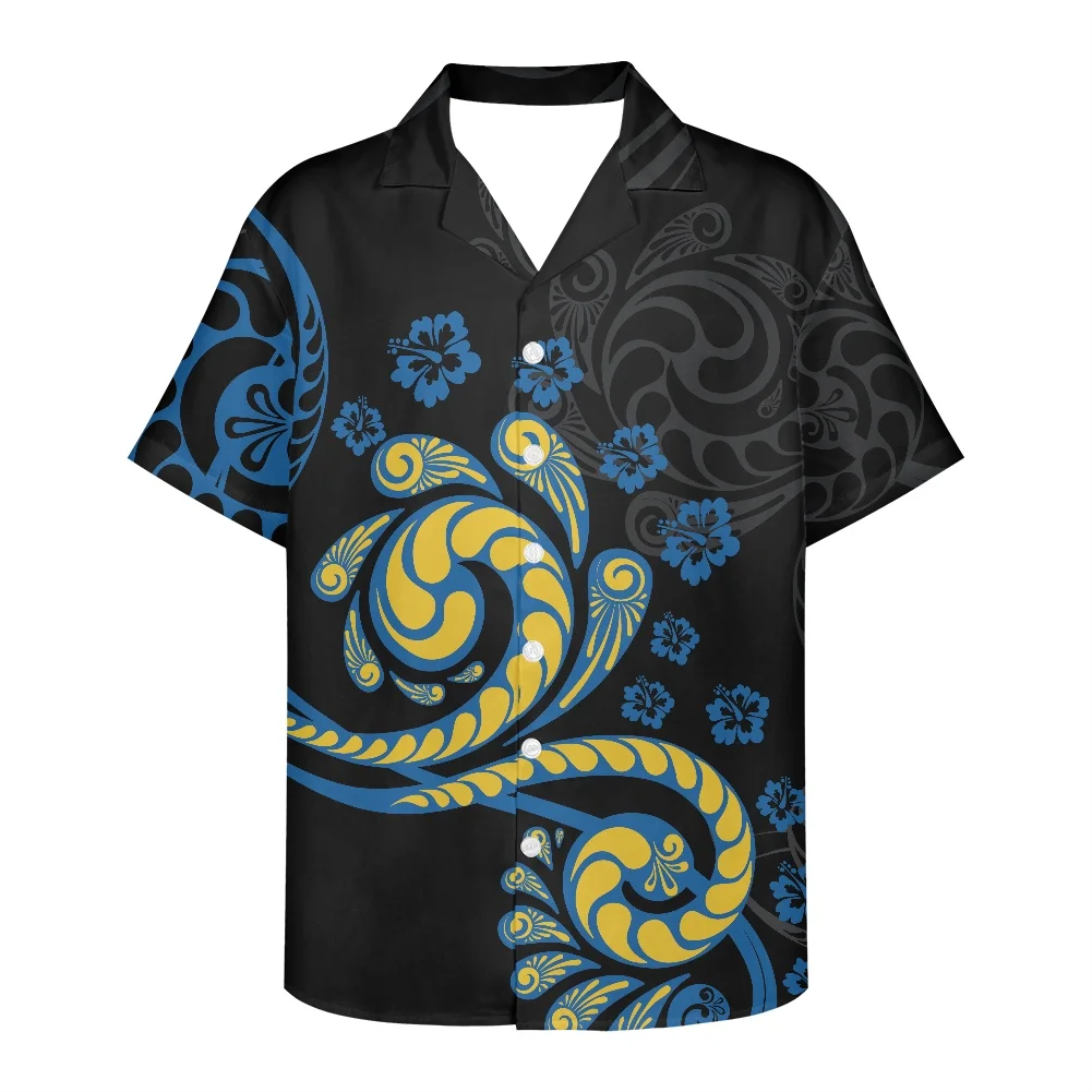 

HYCOOL Hibiscus Print Hawaiian Polynesian Tribal Shirts For Men Black Short Sleeve Button Up Plus Size Shirt For Groomsmen Party