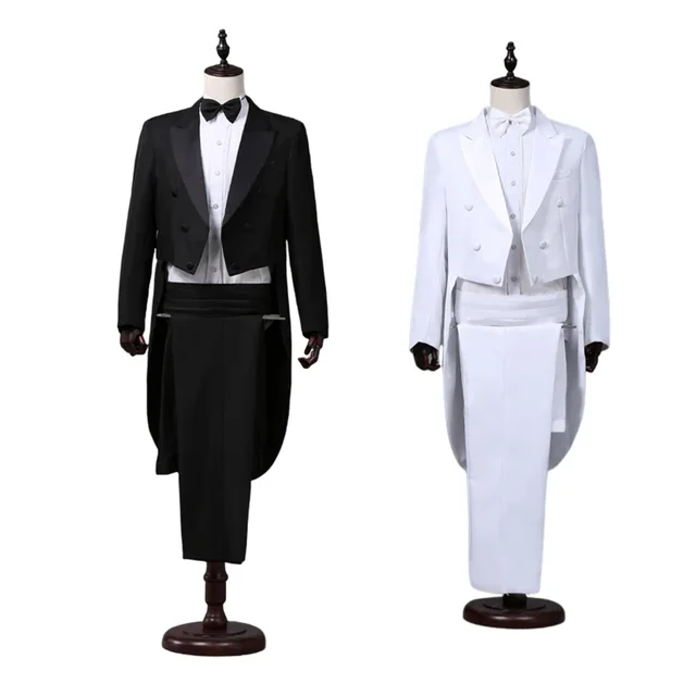 Męski frak Klasyczny nowoczesny biało-czarny styl podstawowy Męski garnitur z taśmą Singer Magician Stage Jacket Outfits