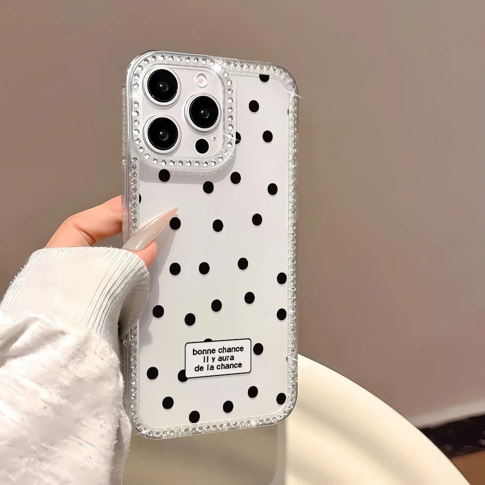 Painted Phone Case for Apple iPhone 17 16 15 14 13 12 Pro Max Air 11 Cases Rhinestone Border Polka Dot Good Luck Shockproof Capa view 4