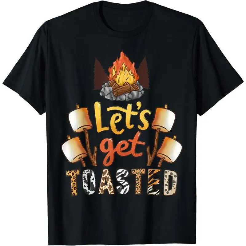 

"Let's Get Toasted" T-Shirt Funny Camping Slogan Tee Marshmallow Graphic Top Humorous Bonfire Party Gift