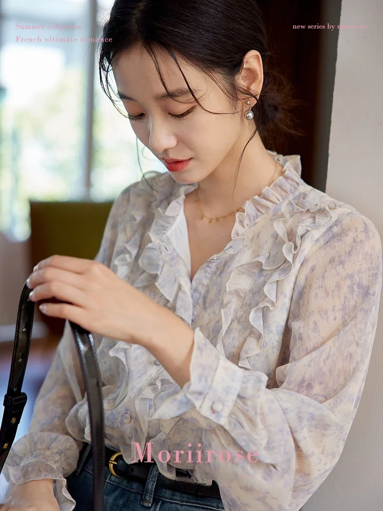 

Moriirose Purple Blue Floral Print irt Women's Long Sve Autumn Vintage Design Sense Top Straight Cut Polyester Fabric