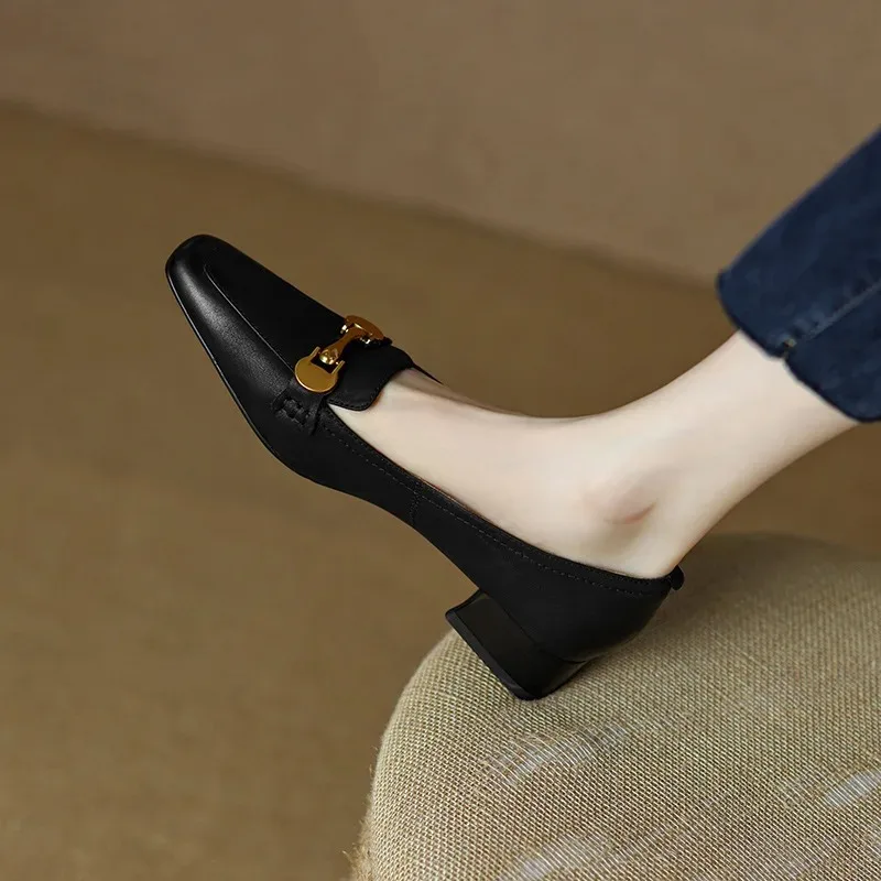True Soft Leather Single Shoes Women 2024 Spring New Square Head Middle Heel Thick