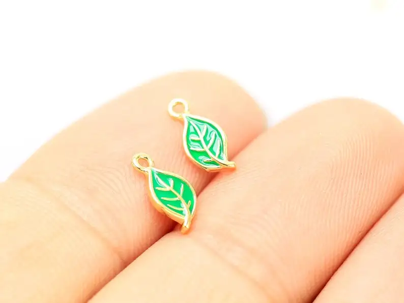 6pcs Tiny Green Leaf charms, Real Gold plated earring charms, Earring findings, Huggie hoop earrings, bracelet pendant - G113