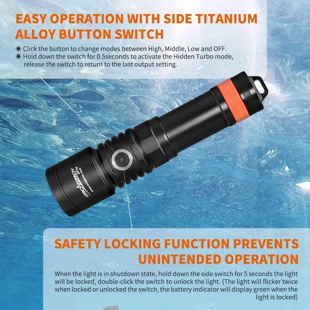 OrcaTorch D710 Scuba Diving Light 3000-Lumen Underwater Flashlight with 6 Degrees Narrow Beam 150M Waterproof Night Dive Torch