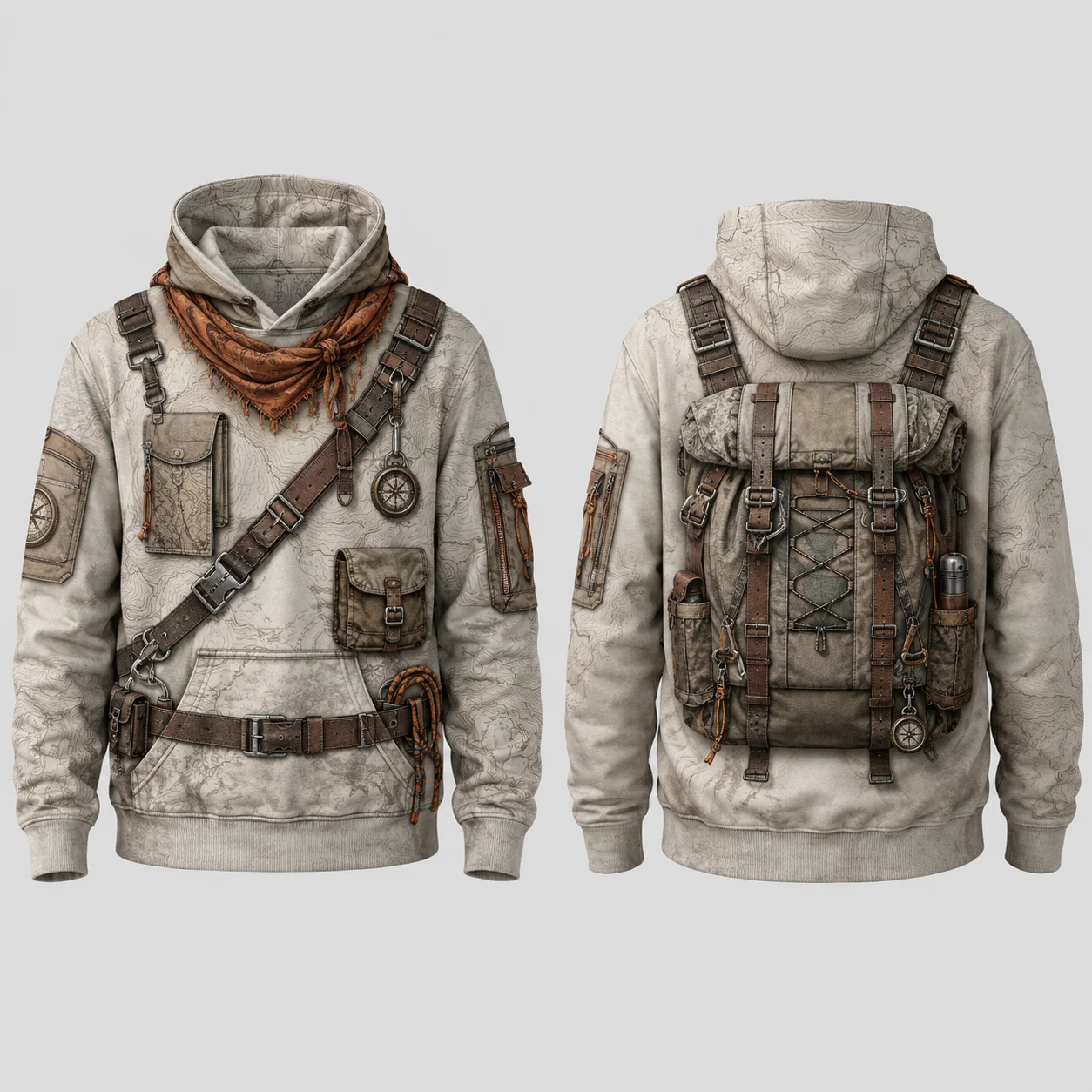 Vintage Tactical Explorer Hoodie Men White Gray Orange 3D Sublimation Print Flat Graphic Pullover Sweatshirt Outdoor Streetwear