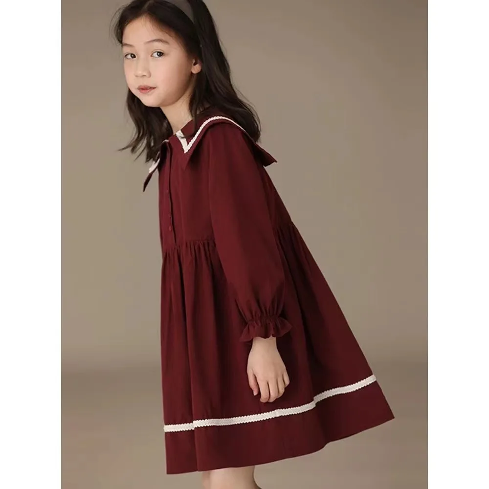 

Spring Autumn Junior Girl Long Sleeve Dress Children Girl Navy Collar Pure Cotton Lace A-line Dress School Girl One-piece Dress