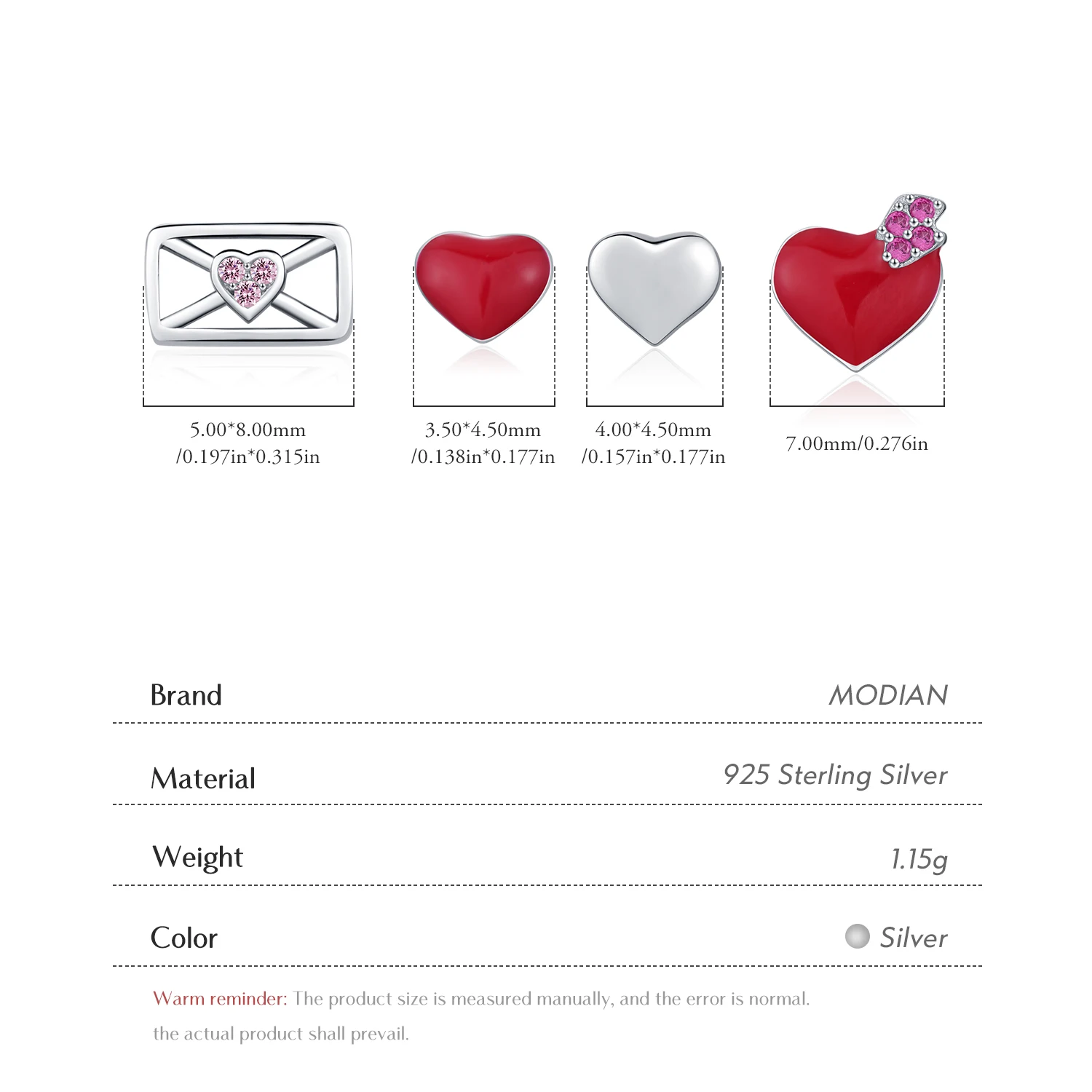 MODIAN 4 SZTUK 925 Sterling Silver Sweet Red & Mirror Heart Love Letter Tiny Earrings Zestaw dla kobiet Drobna biżuteria Prezenty rocznicowe — zdjęcie 4