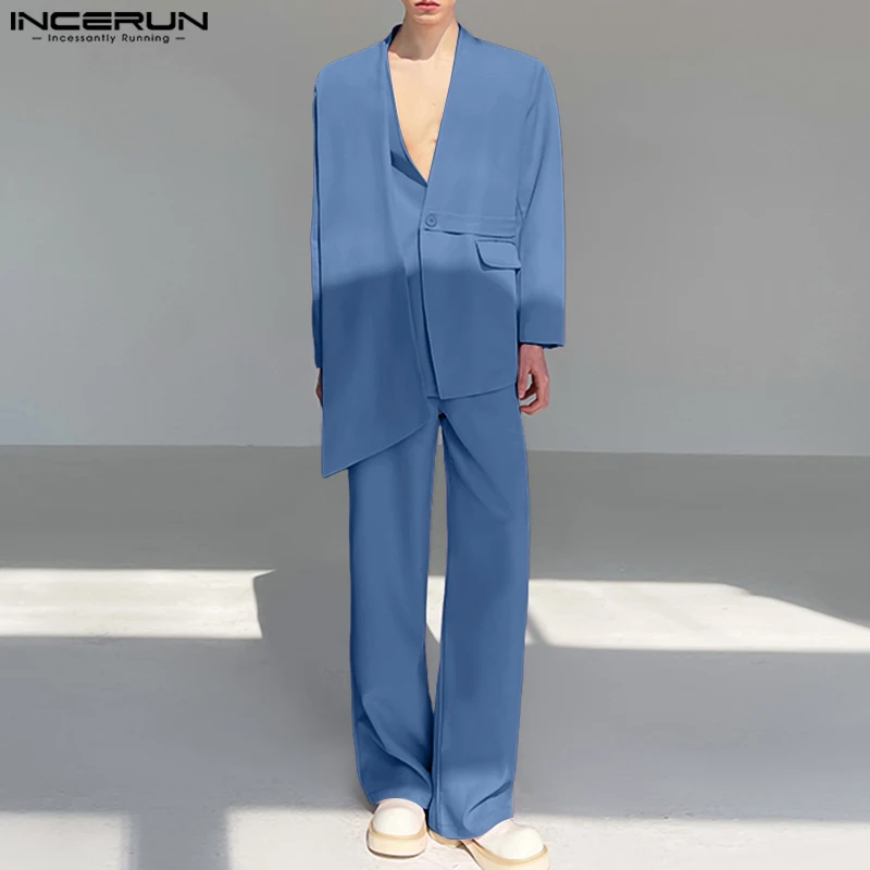 INCERUN أطقم رجالية بلون سادة وأكمام طويلة سترة وسراويل غير منتظمة طقم مكون من قطعتين ملابس خروج فضفاضة موضة 2025 بدل رجالية غير رسمية