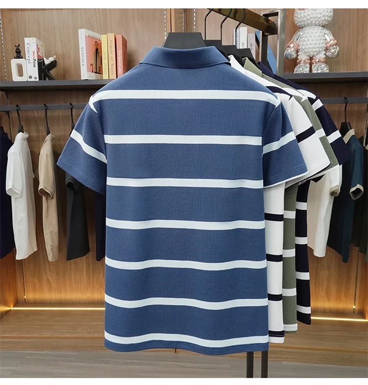 New Summer High-end Men's Embroidered Cotton Polo Shirt, Striped Lapel Short Sleeve, Young Casual Versatile Base T-shirt Tops