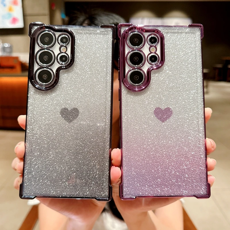 Love Heart Glitter Bright Case For Samsung Galaxy S23 Fe S24 Ultra Plus Plating Silicone Cover S23fe S 24 A15 A35 A55 A54 A34 5g