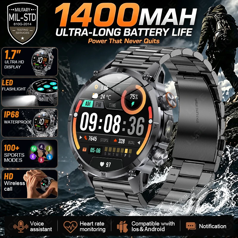 LIGE New Outdoor Militray 1400mAh Large Standby Smart Watch Men Sports Compass Wireless Call Health Monitor HD Men's Smartwatch