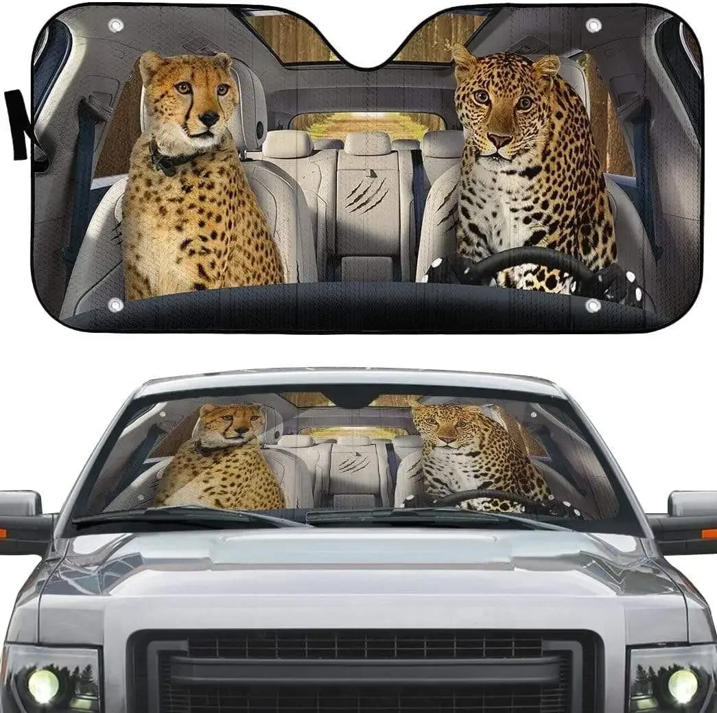 Cheetah And Leopard In Forest Left Hand Drive Car Sunshade, Funny Cheetah And Leopard Wild Animal Driving Auto Sun Shade, Cheeta