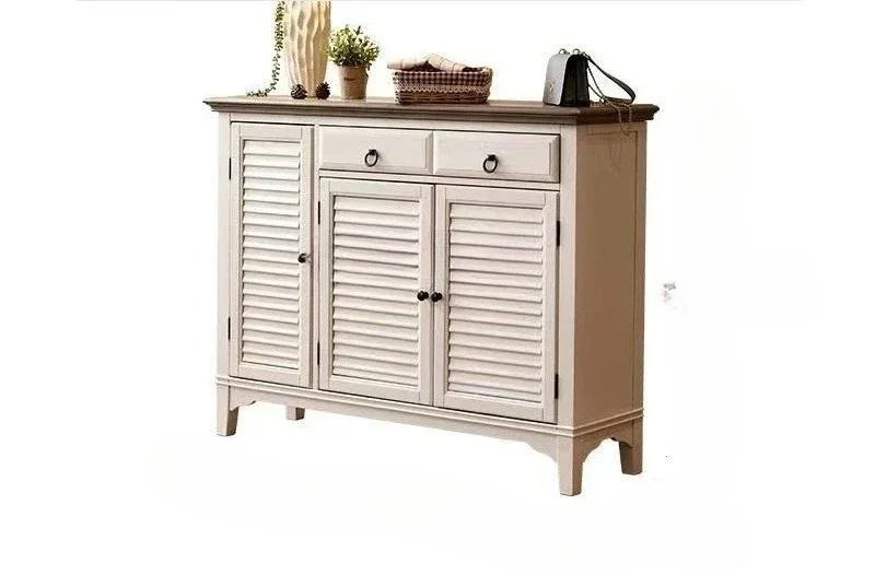 American Mediterranean pure solid wood cabinet simple pastoral rural living room three-door porch cabinet large locker shoes9338