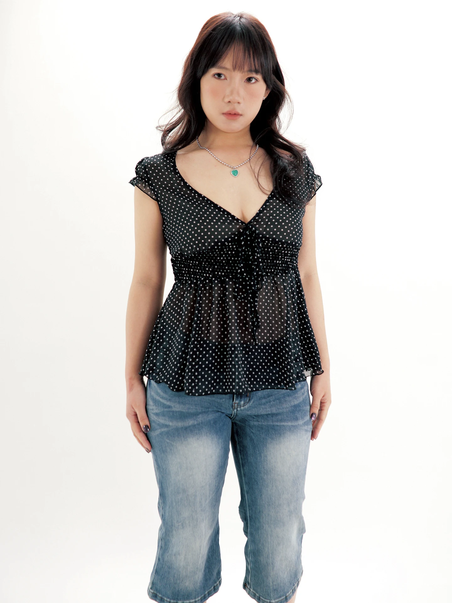 

Ohmyloli Millennium Retro Small Polka Dot High Waist Single Layer Lightweight Early Taste Small Shirt Women's Lace Shirt