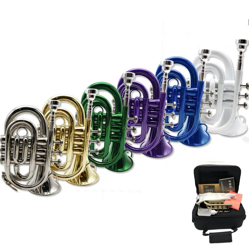 Pocket Trumpet Bb Pitch Brass Material Musical Instrument Muti-color with Case
