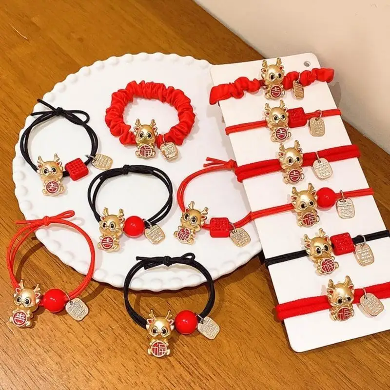 A52E Fashion Hair Tie Chinese Zodiac Dragon New Year Scrunchies Elastic Hair Bands