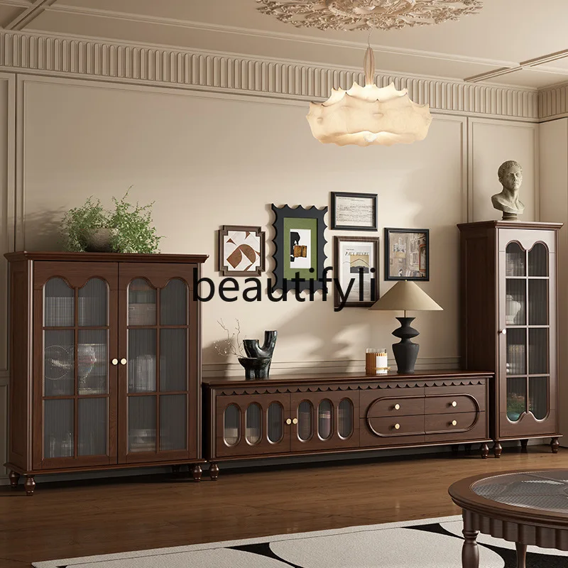 

American Style Solid Wood Wine Cabinet Living Room Wall-Mounted Light Luxury TV Cabinet Glass Display Home Dining Cabinet