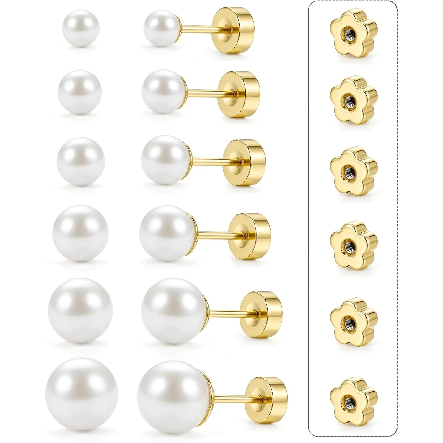 Bobisty 6 Pairs Simulated Pearl Earrings Set for Women Flat Back Stackable Shiny Small Earring Studs Plum Blossom Bonus 3-8MM