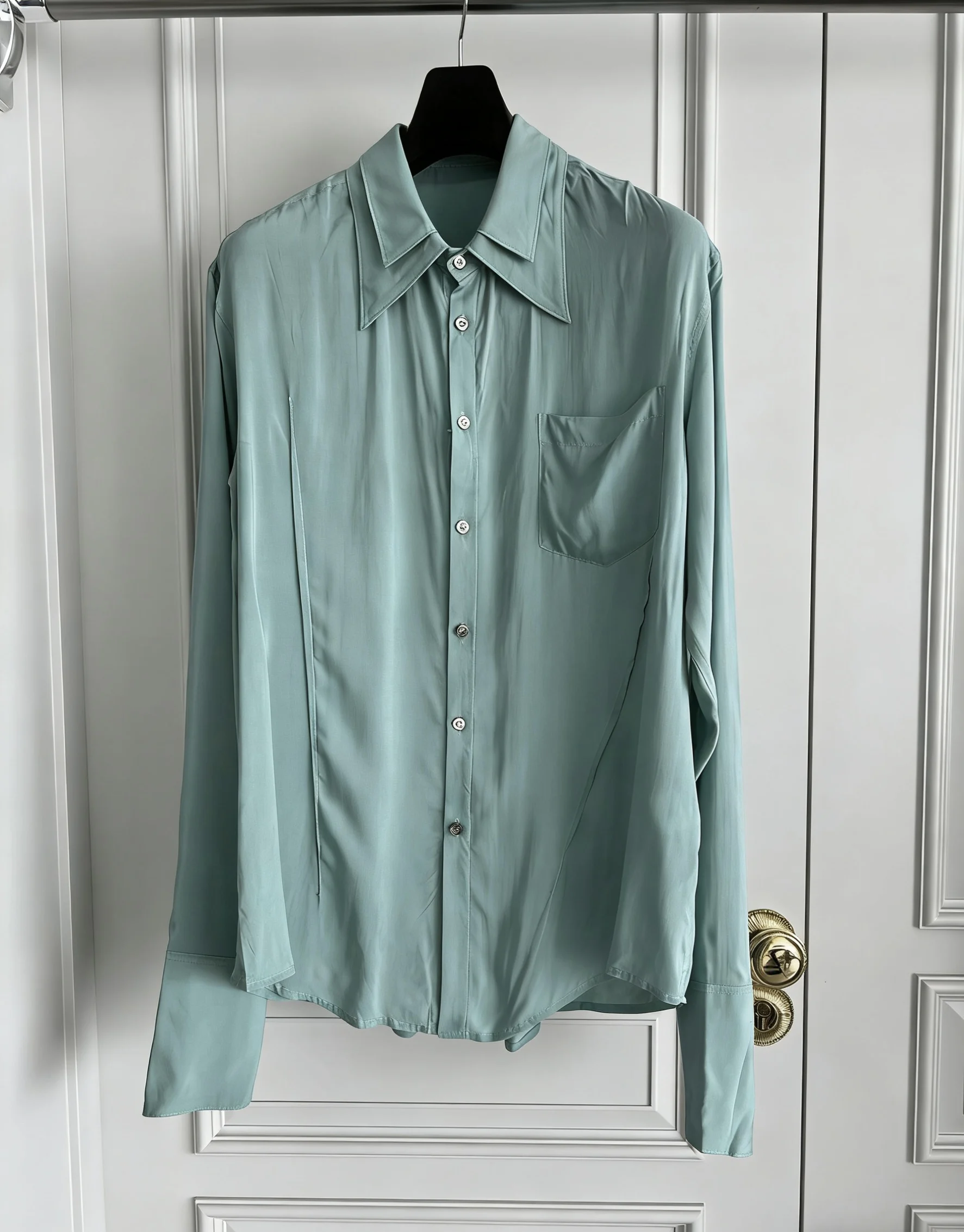 TOP-YAMAMOTO's original design of green fixed dyeing recycled fiber deconstructed irregular shirt for men