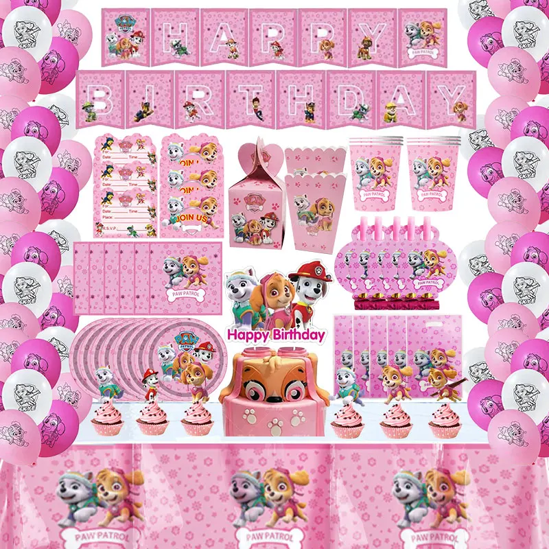 Set de Globos de Cumpleaños de la Patrulla Canina Rosa, Decoraciones para Fiestas, Set de Vajilla, Pancarta de Fondo, Adornos Colgantes, Gorros, Bolsa con Cordón