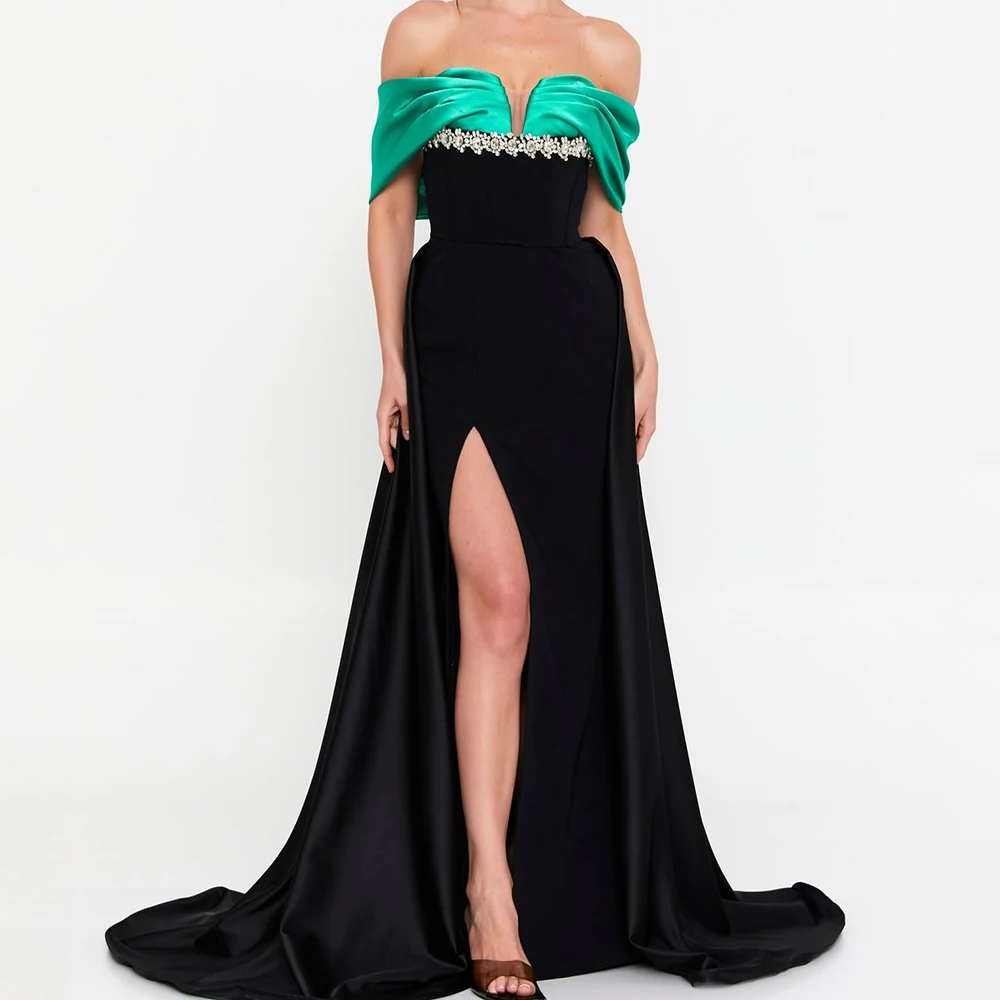 

Customized Mermaid Evening Dresses Floor-length Off The Shoulder Sleeveless Prom Gown Fashion Crystal Side-split Party Gown