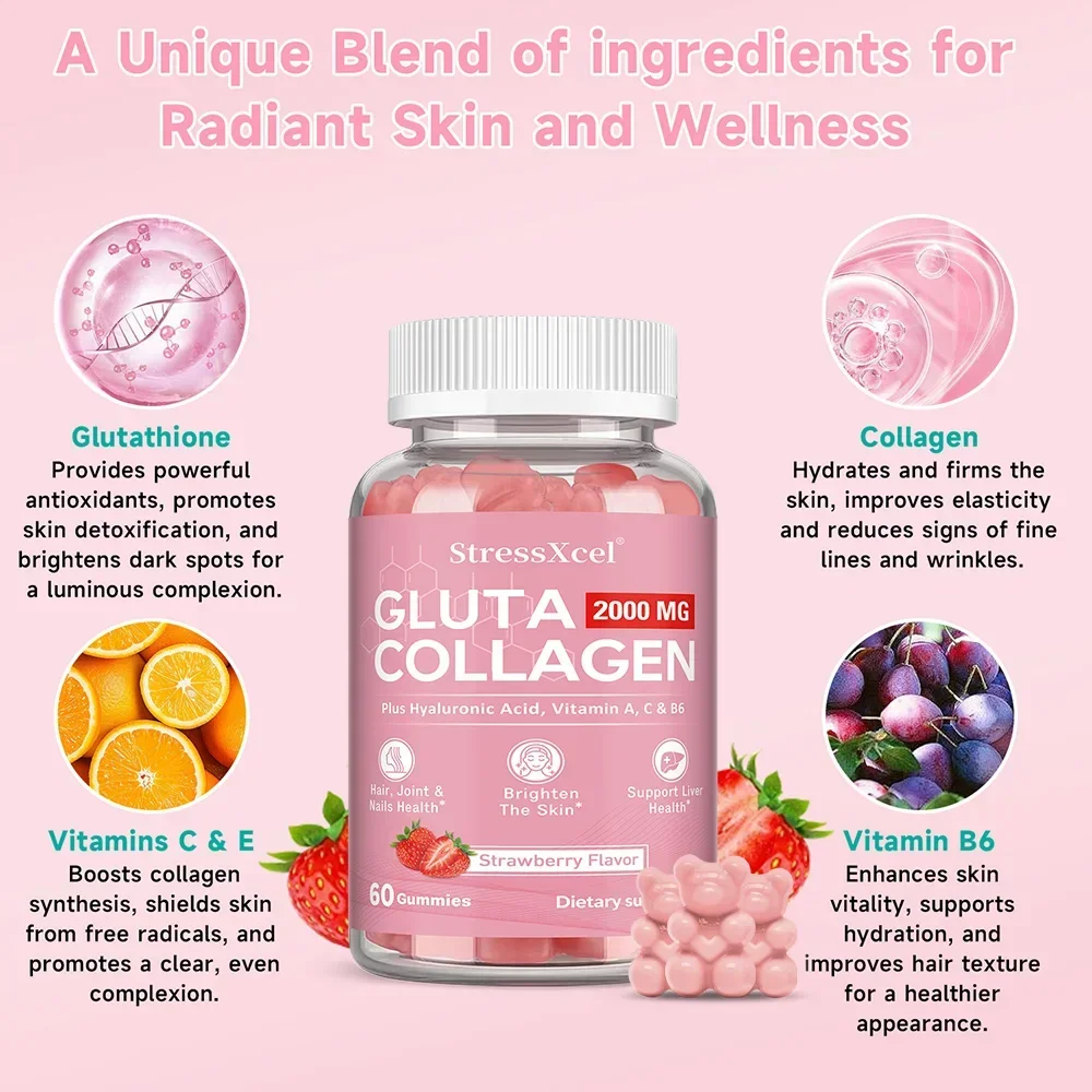 

Glutathione Collagen Gummies, Skin Brightening & Anti-Aging, Supports Hair, Skin & Nail Health, Strawberry Flavor, 60 Count