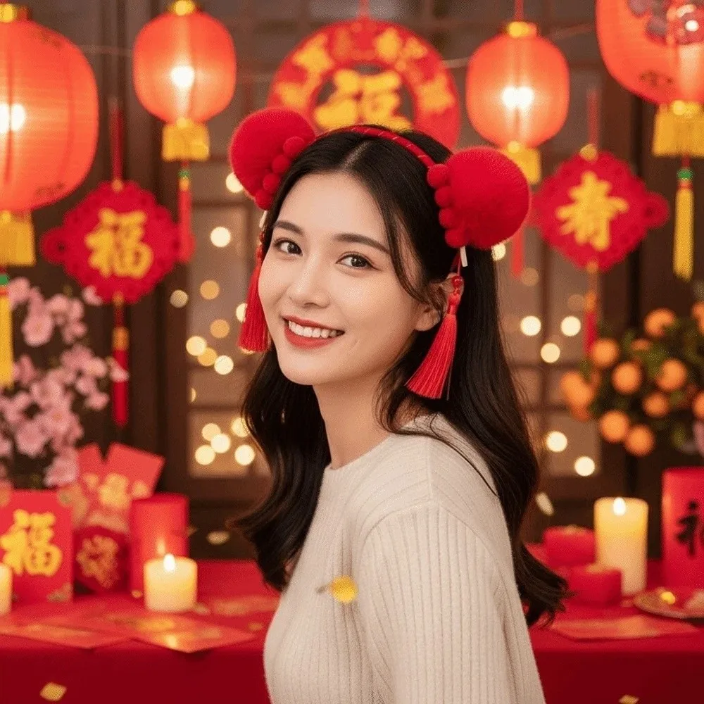 

Lion Children's Chinese Hairpins Embroidered Bow Headwear Ball Hair Rope Tang Suit Beads New Year Tassel Hair Hoop Girls