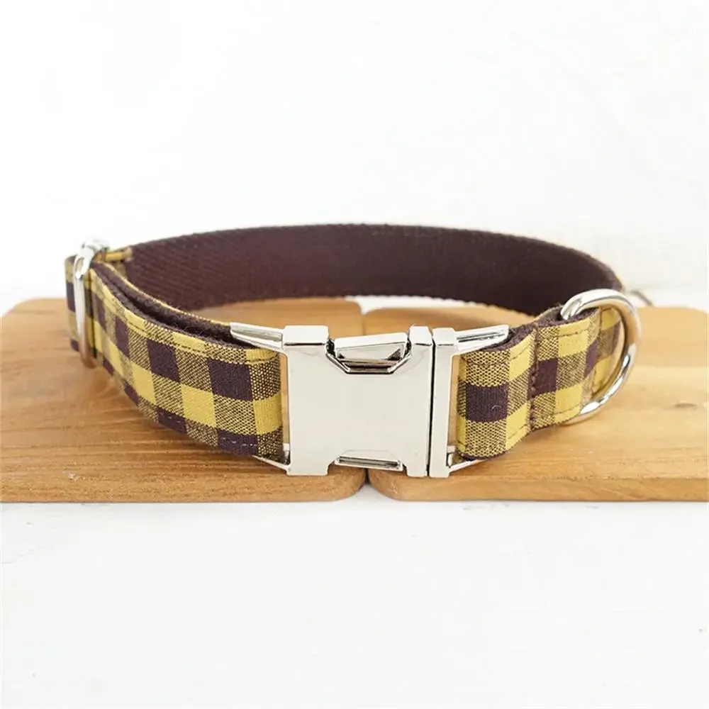 Personalized Dog Collar with Free Engraving, Matching Pet Leash,Customzied Contacts Metal Buckle,Brown Yellow Plaid Pet Collars