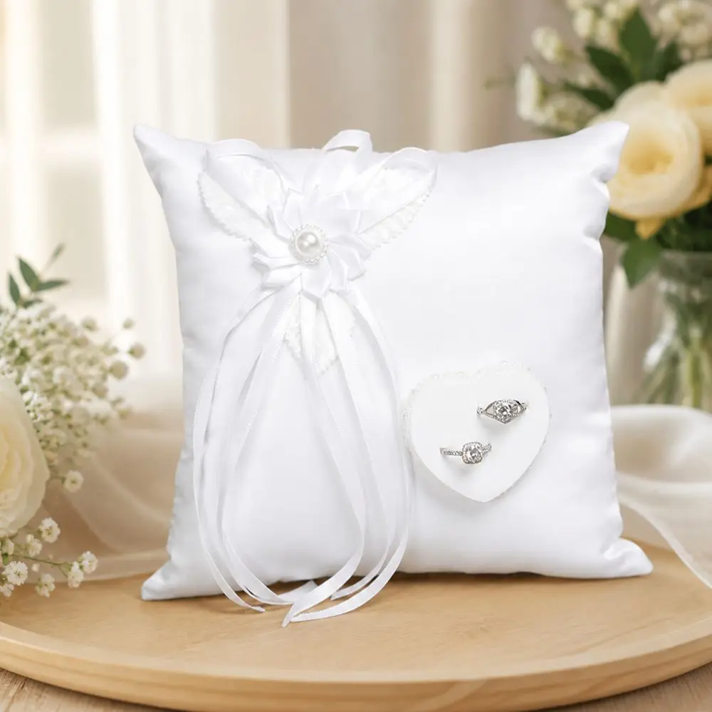 Polyester Wedding Ring Pillow Ribbon Decoration Handmade Bridal Ring Cushion Heart Shaped Decor Camellia Detail