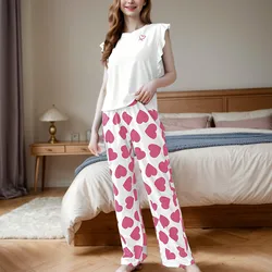 Women Cotton Pajamas Sets Love Print Sleeveless Shirt With Trouser Sleepwear Ladies Sexy Lingerie Pajamas Nightwear For Women