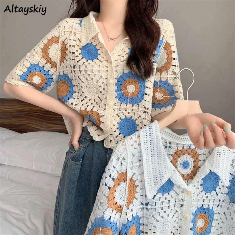 Shirts Women Summer Sweet Girls Hollow Out French Style Fashion Knitting Students All-match Daily Casual Vintage Lovely New Ins