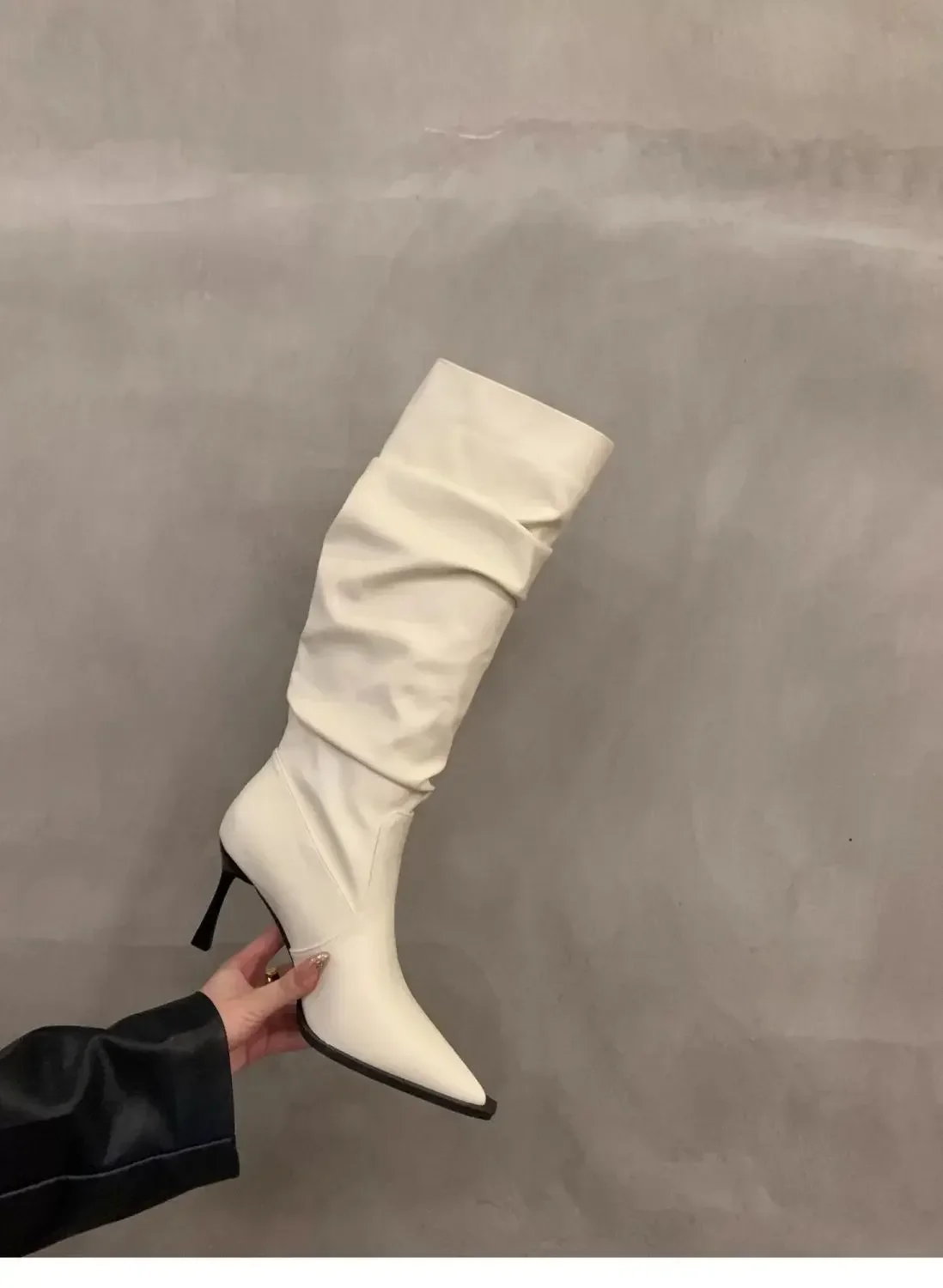 Plissierte Spitze Damen Langstiefel Street-Style High Heels Party-Stripper Damen Leder High Booties – Detail 13