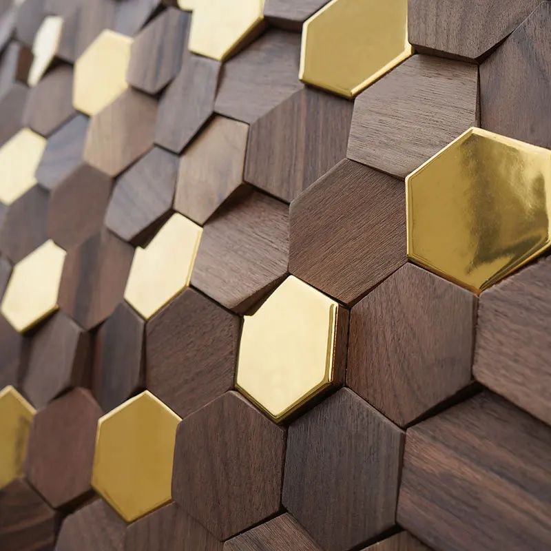 Hexagonal black walnut tea room, log mosaic TV background wall, decorative interior wall