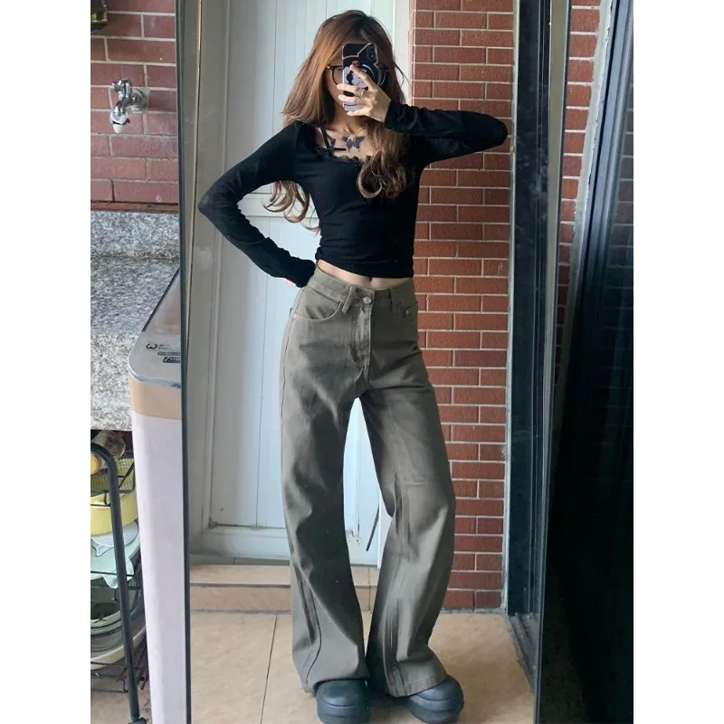 Pantalones vaqueros lavados Retro marrones para mujer, pantalones vaqueros rectos, pantalones casuales de moda, pantalones rectos de calle alta, pantalones vaqueros esenciales Y2k