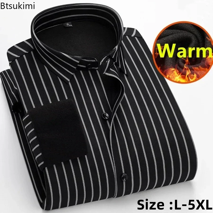 2025 Men's Warm Casual Shirts Autumn Winter Striped Long Sleeve Shirts Thicker Fleece Lined Tops Warm Slim Business Men's Shirts