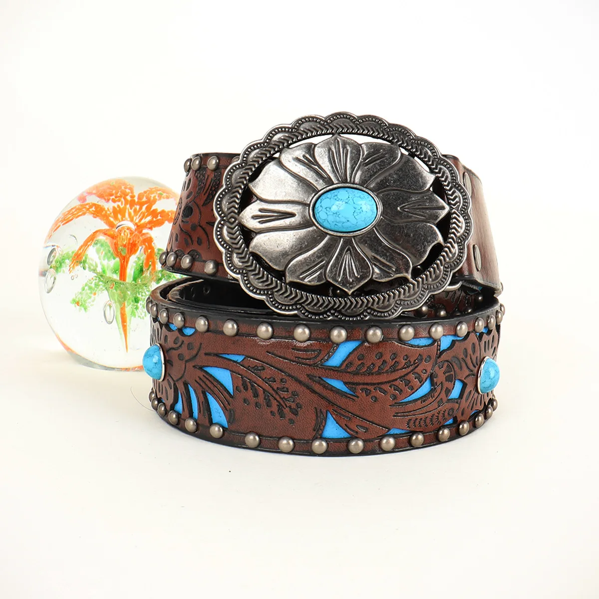 Bohemian Hollow Out Embossed Print PU Leather Waist Belts Women 112Cm Plus Size Curving Buckle Jeans Belts Rivet Punk Cinturon