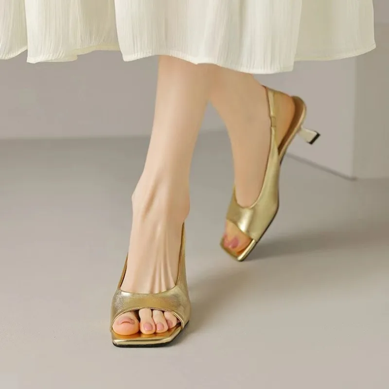 Elegant Concise Fashion Ladies Sandals Summer New Middle Heel Party Dress Shoe PU Sexy Square Head Back Strap Golden High Heels