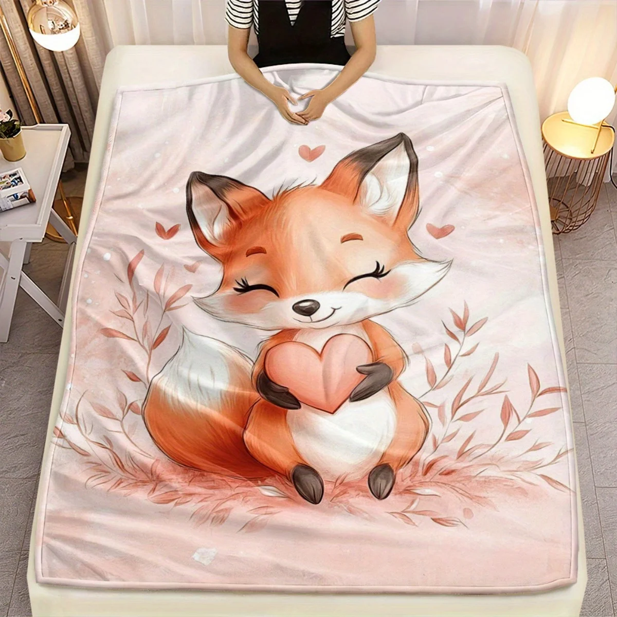 Cute Fox Heart Design Pink Throw Blanket Aesthetic Cozy Autumn Fall Bed Cover Gift for Girls Valentine Day Decor