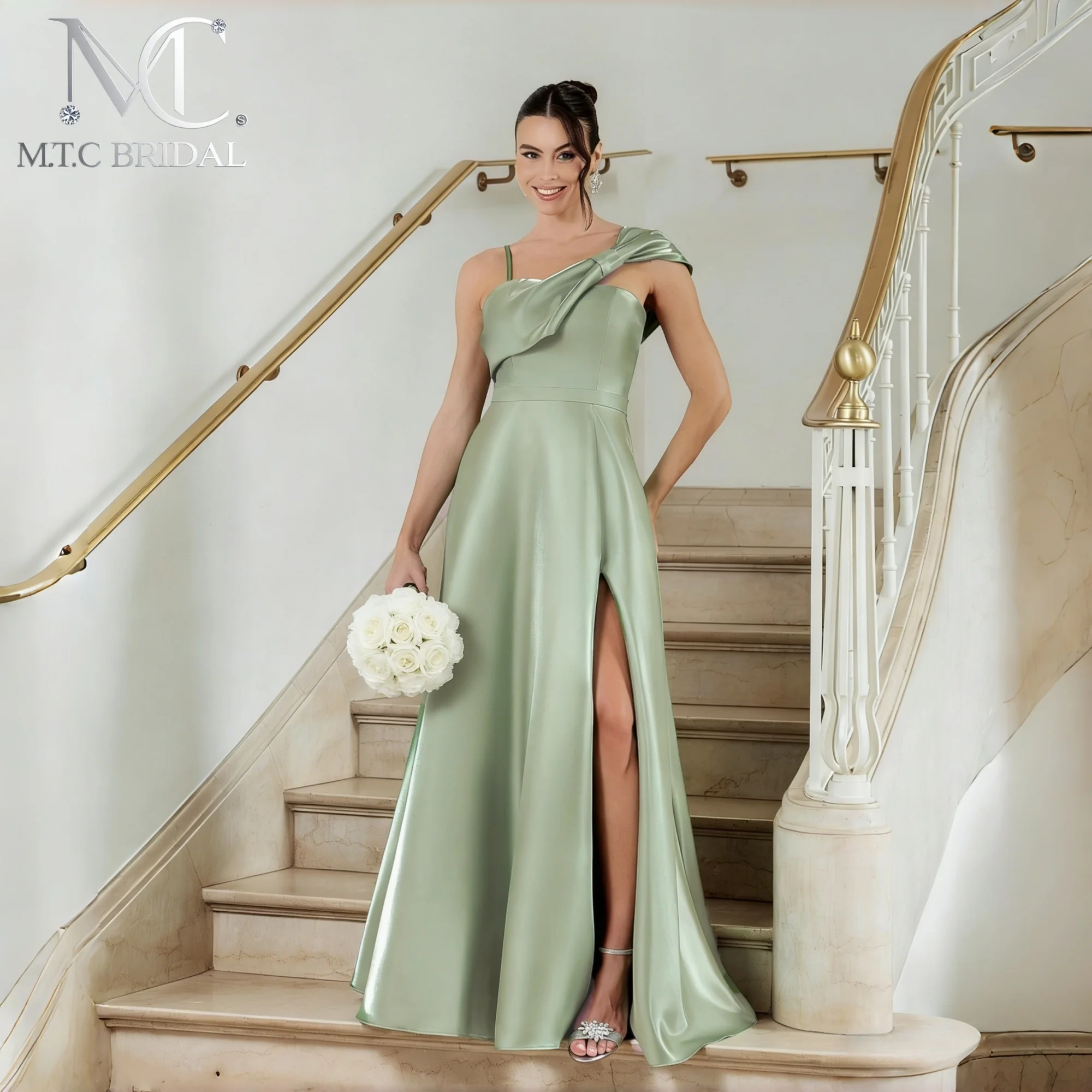 

2026 New Long Bridesmaid Dresses A Line Side Split Sage Green Satin Women Formal Gown For Wedding Party Wholesale Robe De Soiree